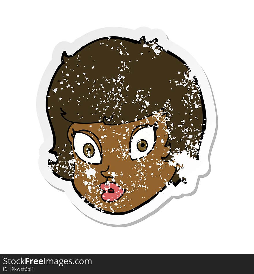 retro distressed sticker of a cartoon surprised female face