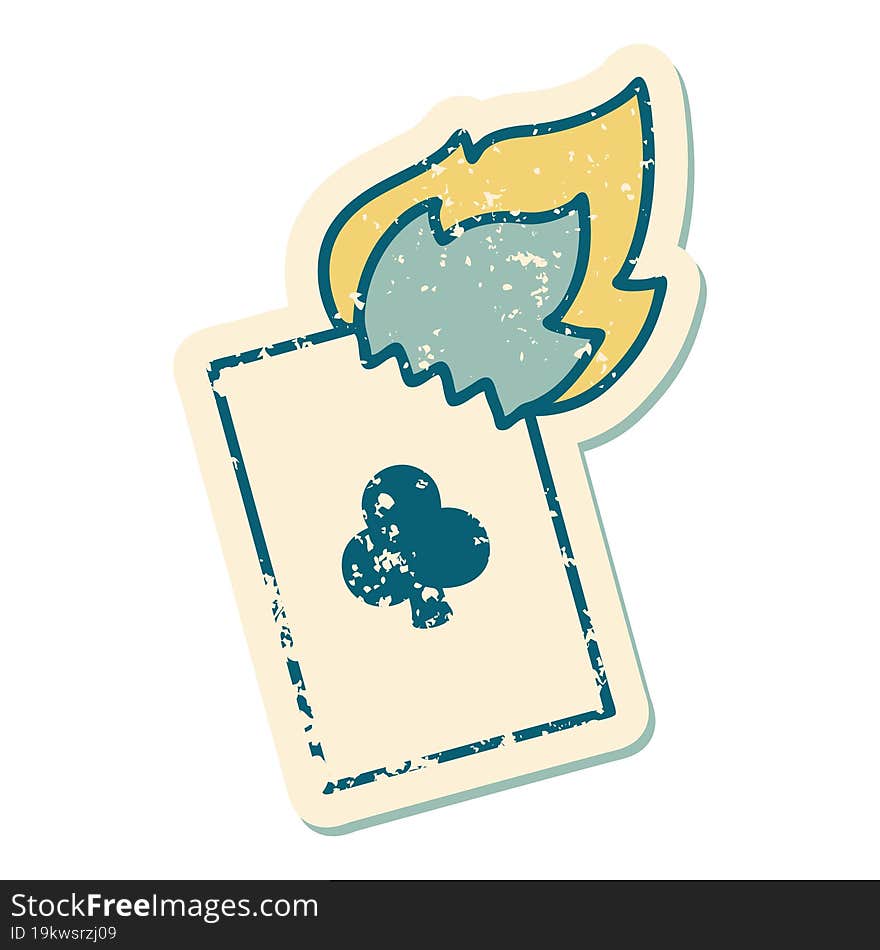 Distressed Sticker Tattoo Style Icon Of A Flaming Card