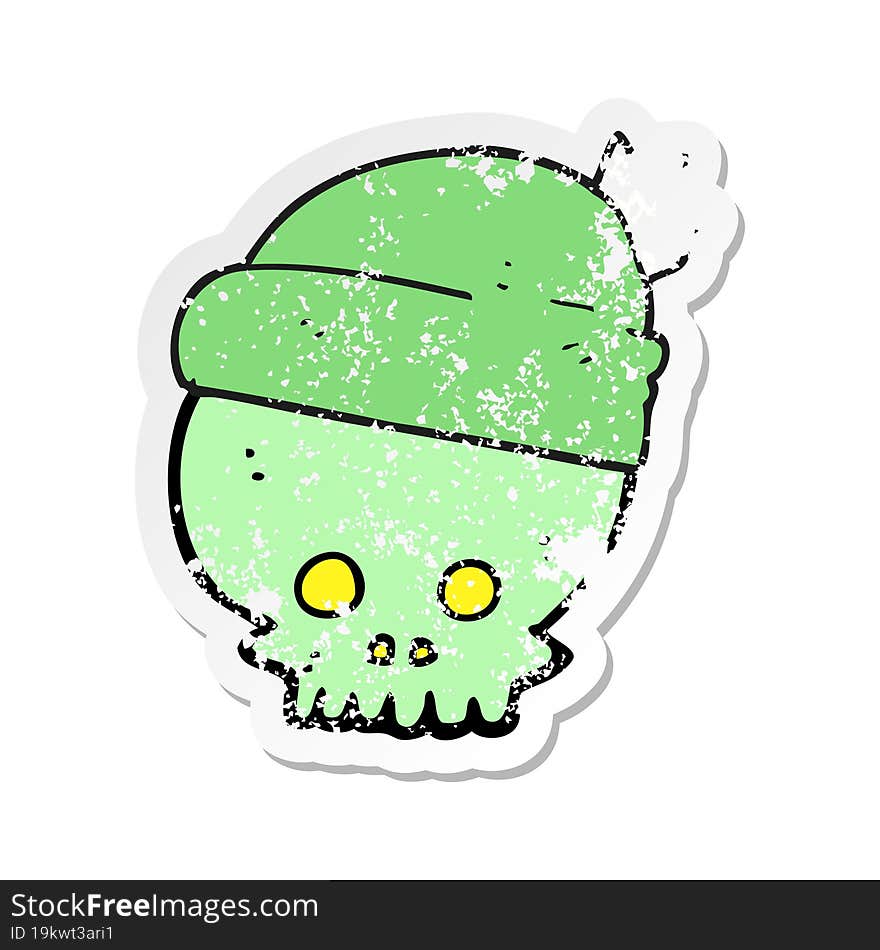 retro distressed sticker of a cartoon skull wearing hat