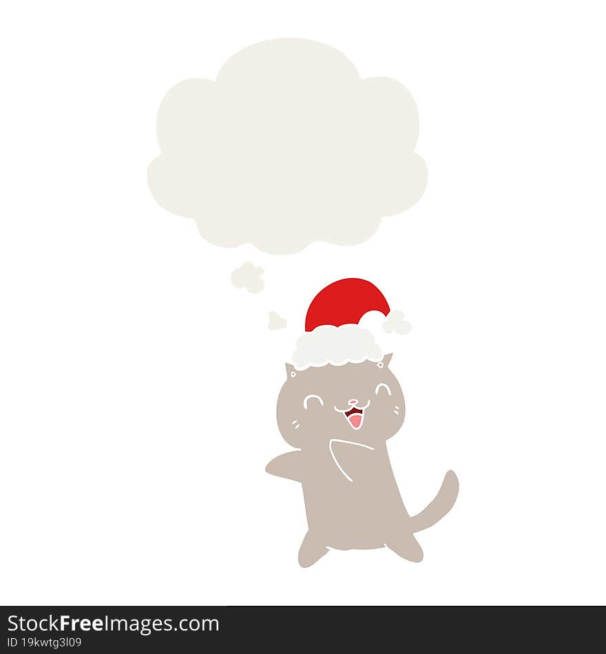 Cute Cartoon Christmas Cat And Thought Bubble In Retro Style