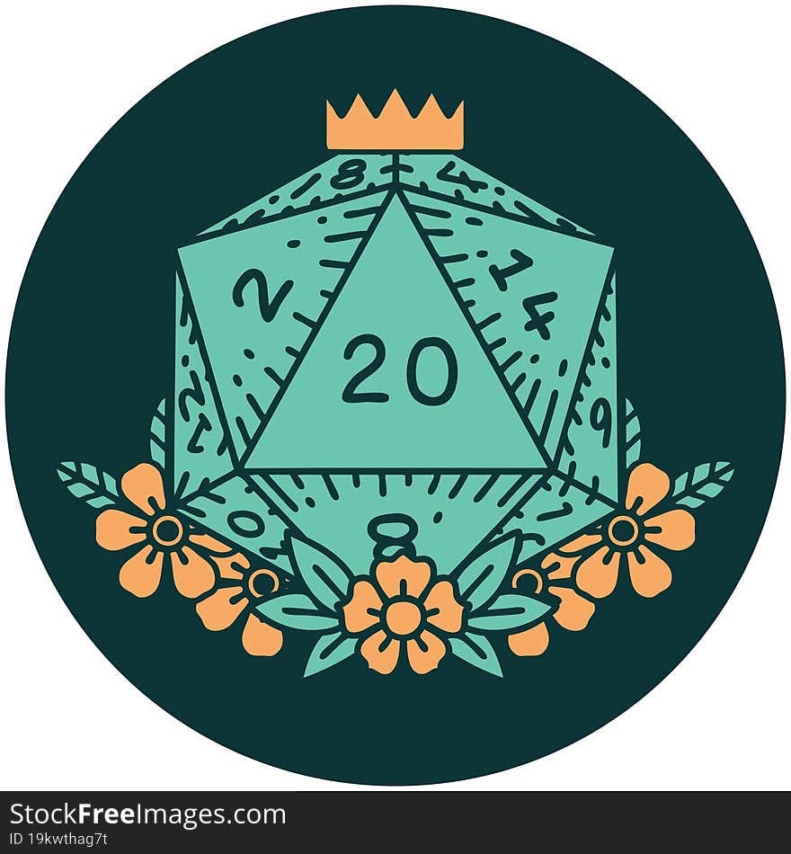 natural 20 D20 dice roll with floral elements icon