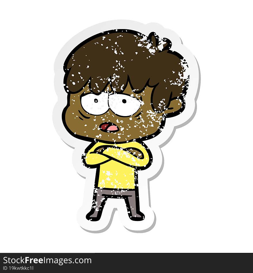 Distressed Sticker Of A Cartoon Exhausted Boy