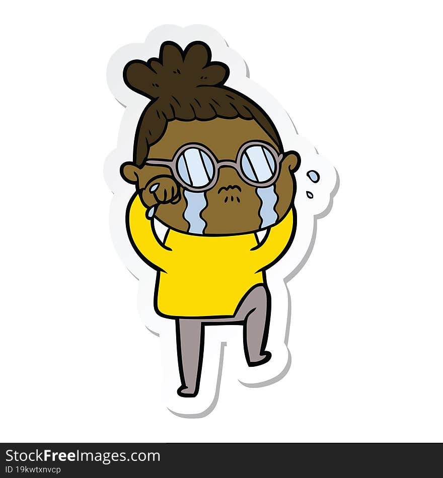 sticker of a cartoon crying woman wearing spectacles