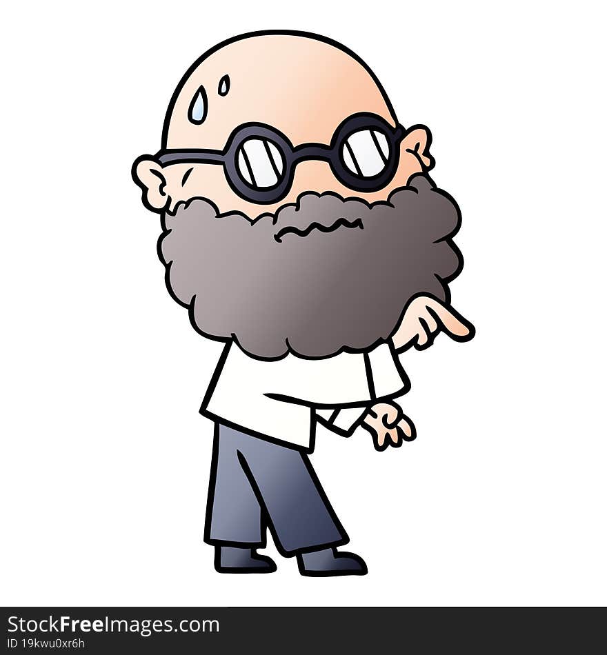 cartoon worried man with beard and spectacles pointing finger. cartoon worried man with beard and spectacles pointing finger