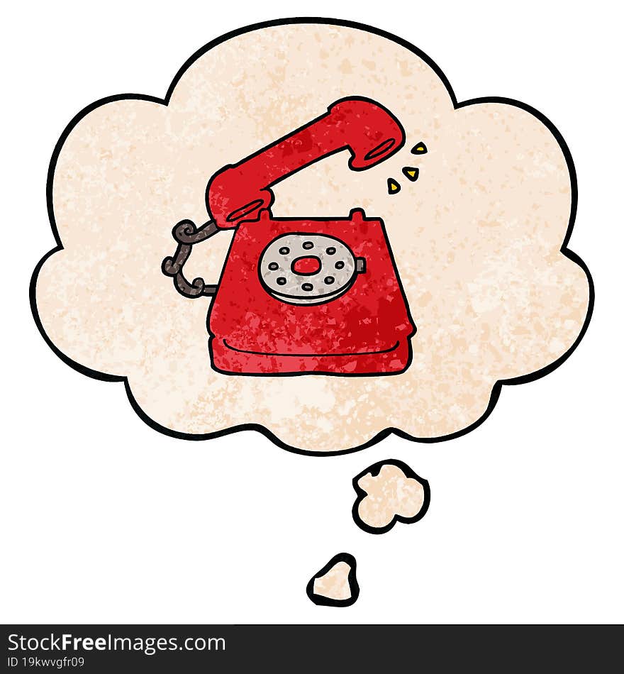 cartoon old telephone and thought bubble in grunge texture pattern style