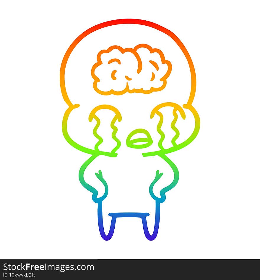 rainbow gradient line drawing cartoon big brain alien crying