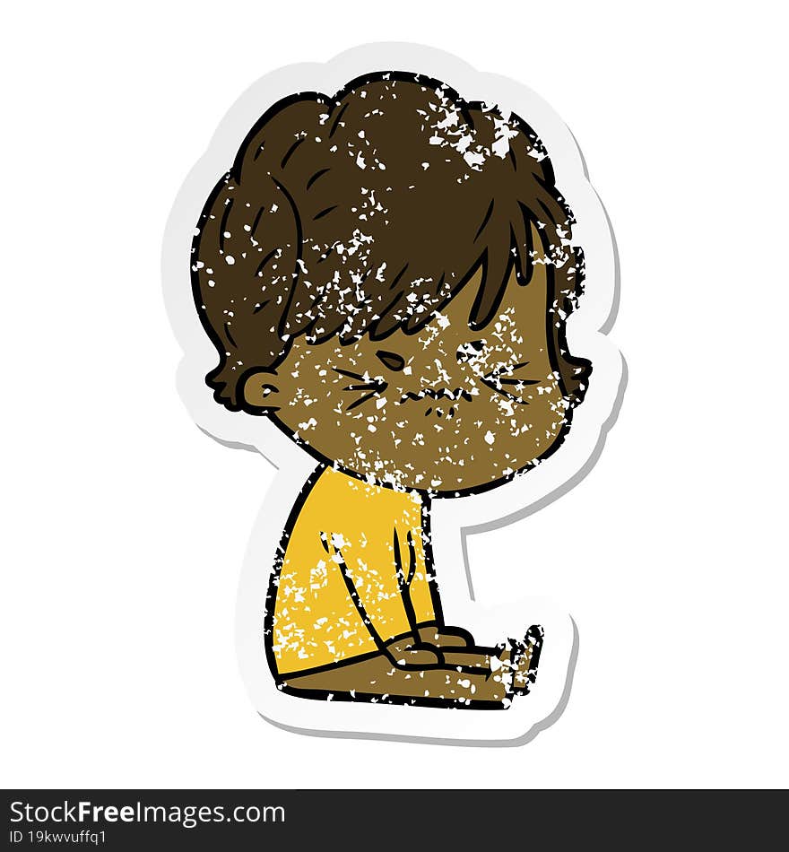 distressed sticker of a cartoon frustrated woman