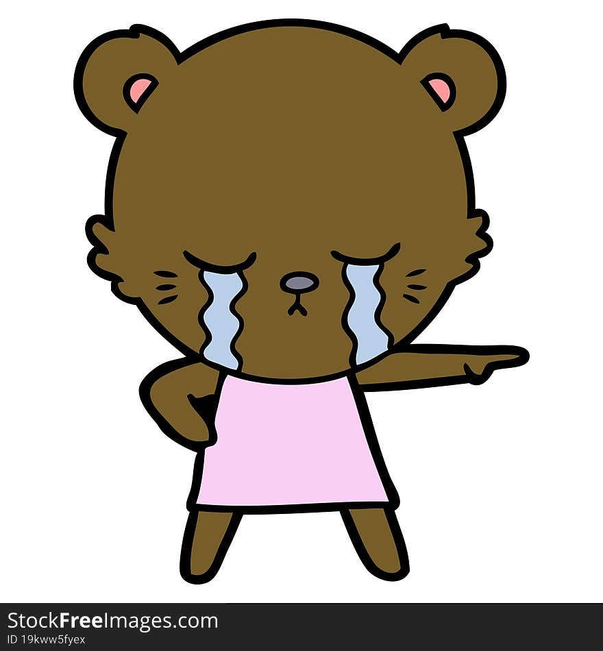 crying cartoon bear in dress pointing. crying cartoon bear in dress pointing