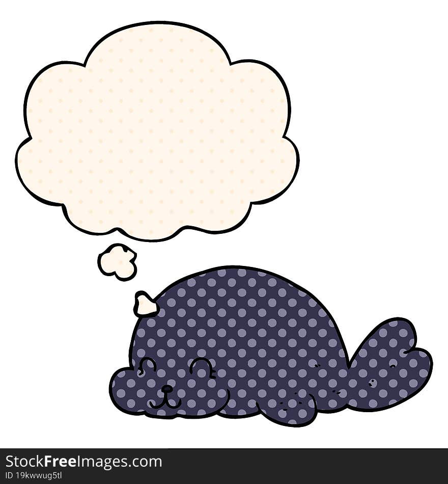 cute cartoon seal and thought bubble in comic book style