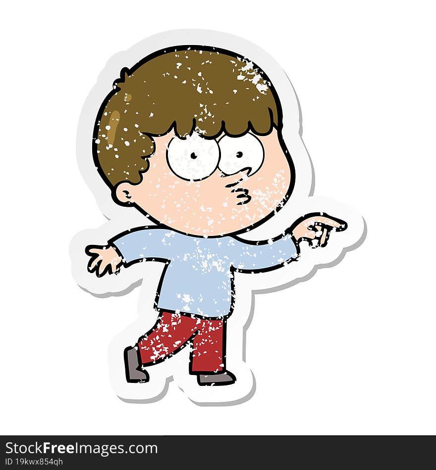 distressed sticker of a cartoon curious boy