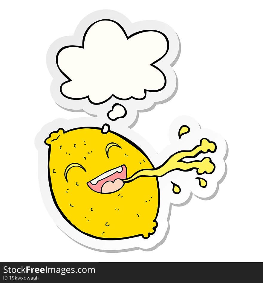 cartoon squirting lemon and thought bubble as a printed sticker