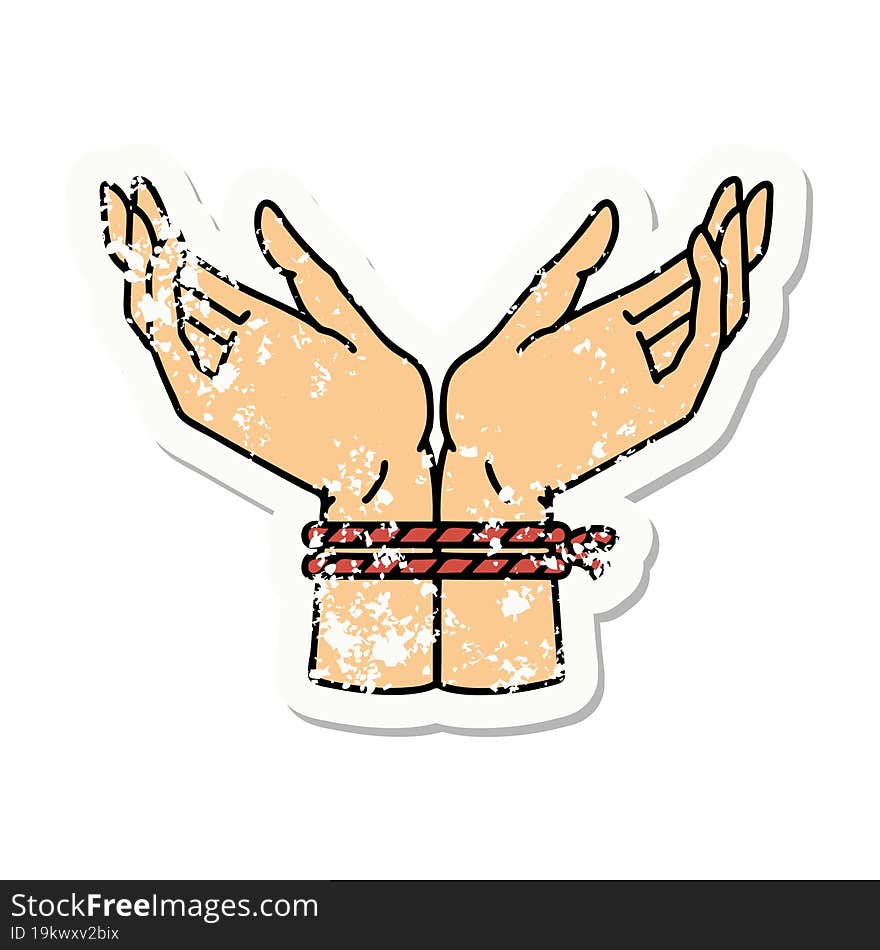 traditional distressed sticker tattoo of a pair of tied hands