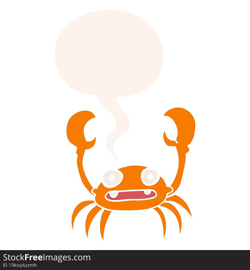 cartoon crab and speech bubble in retro style