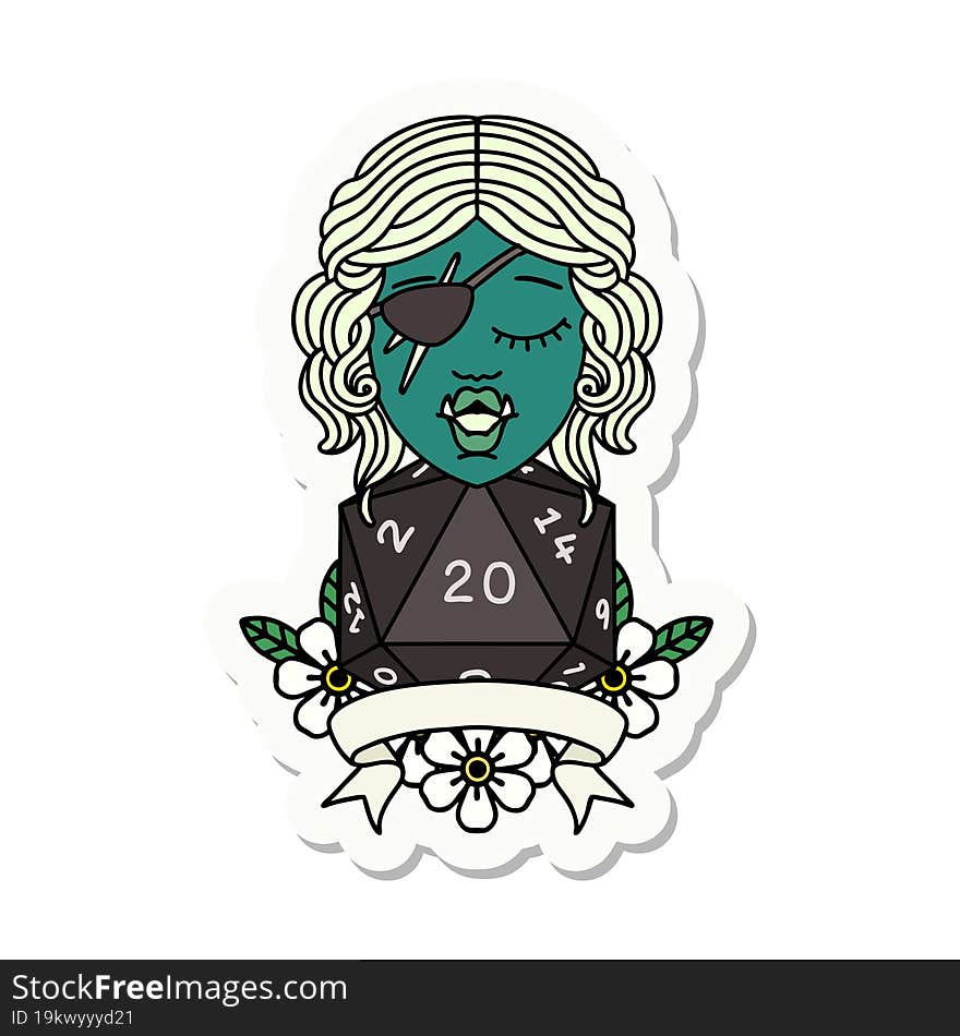 half orc rogue character with natural twenty dice roll sticker