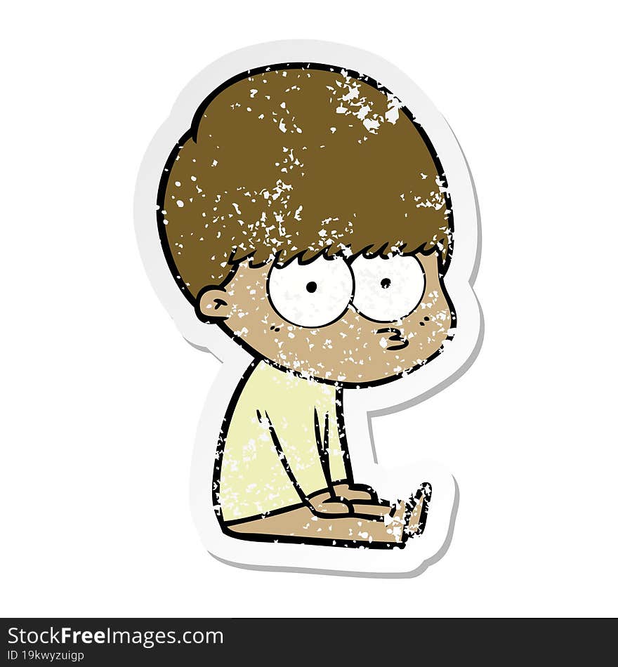 distressed sticker of a curious cartoon boy