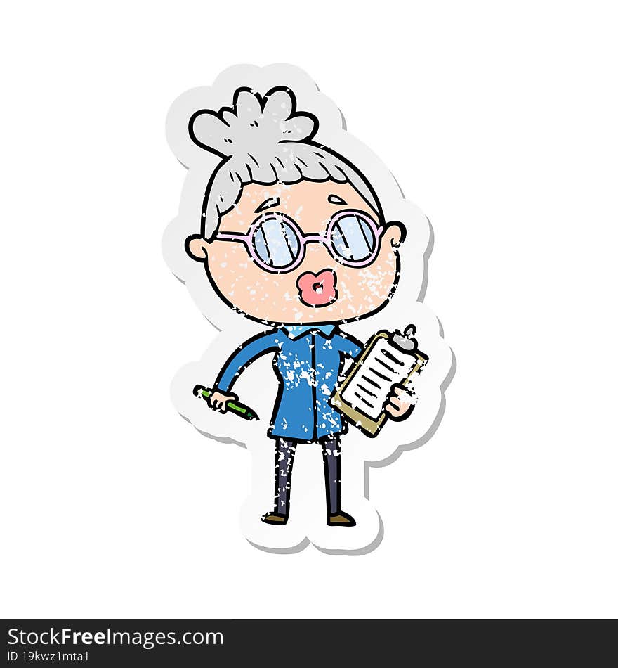 distressed sticker of a cartoon manager woman wearing spectacles