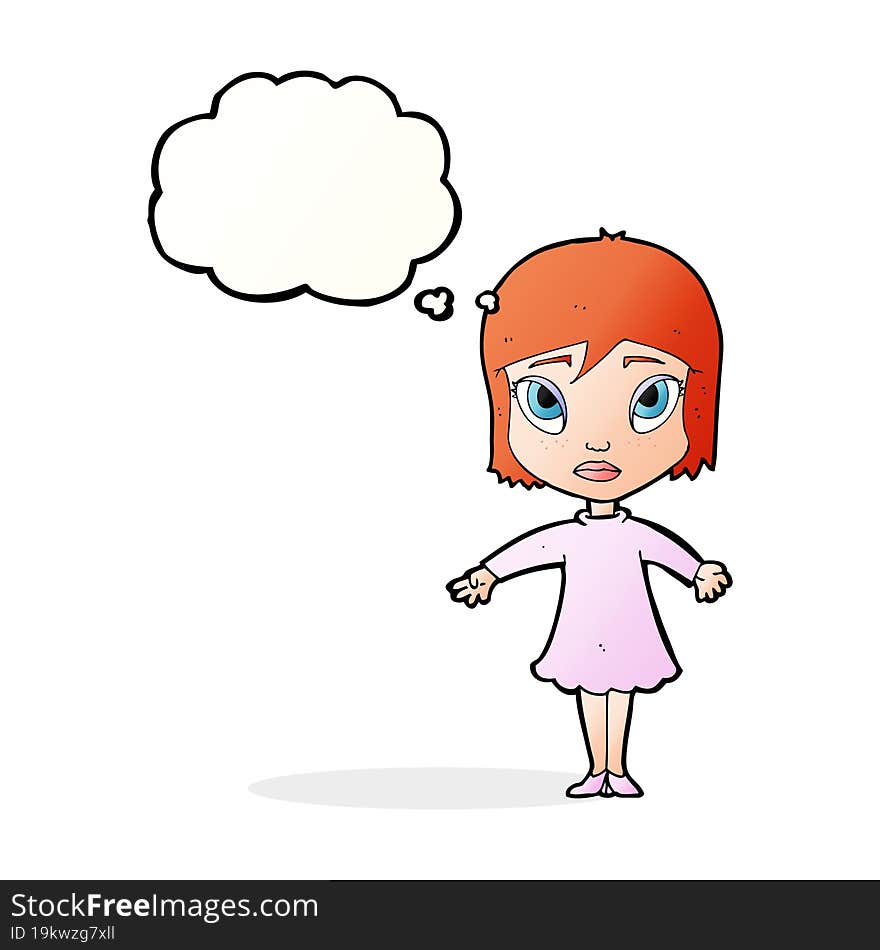 cartoon girl in dress with thought bubble