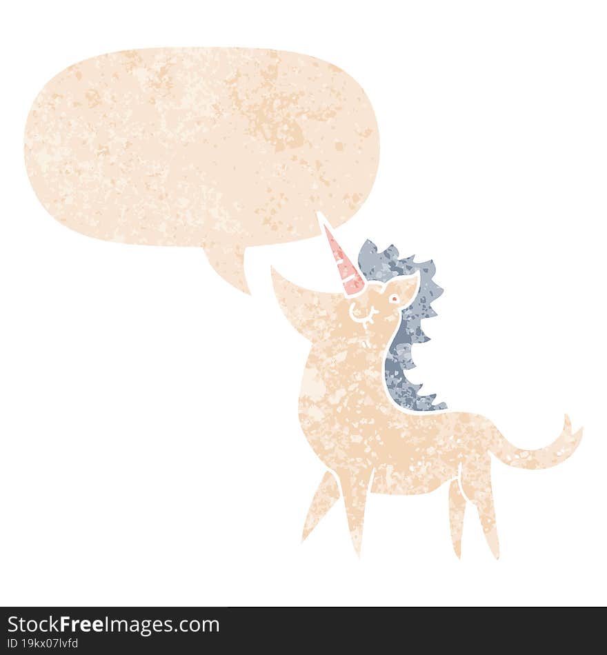 cartoon unicorn and speech bubble in retro textured style