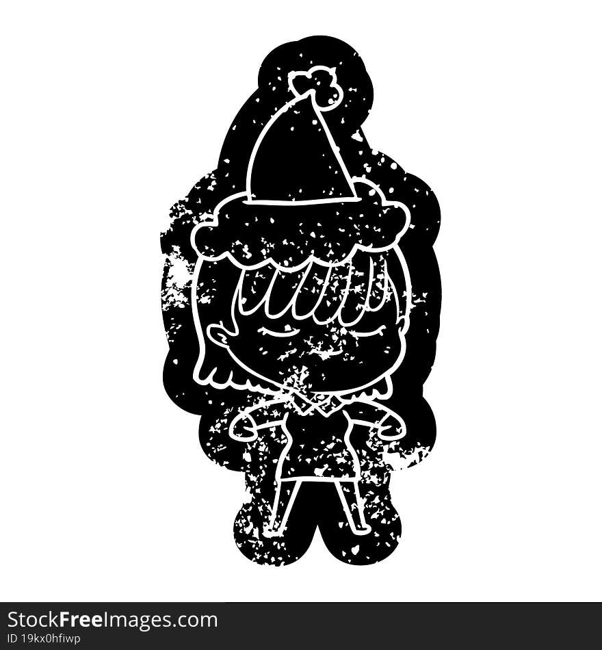 quirky cartoon distressed icon of a woman wearing santa hat