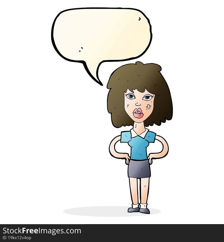 cartoon tough woman with speech bubble