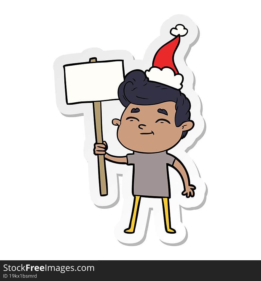 happy sticker cartoon of a man with sign wearing santa hat