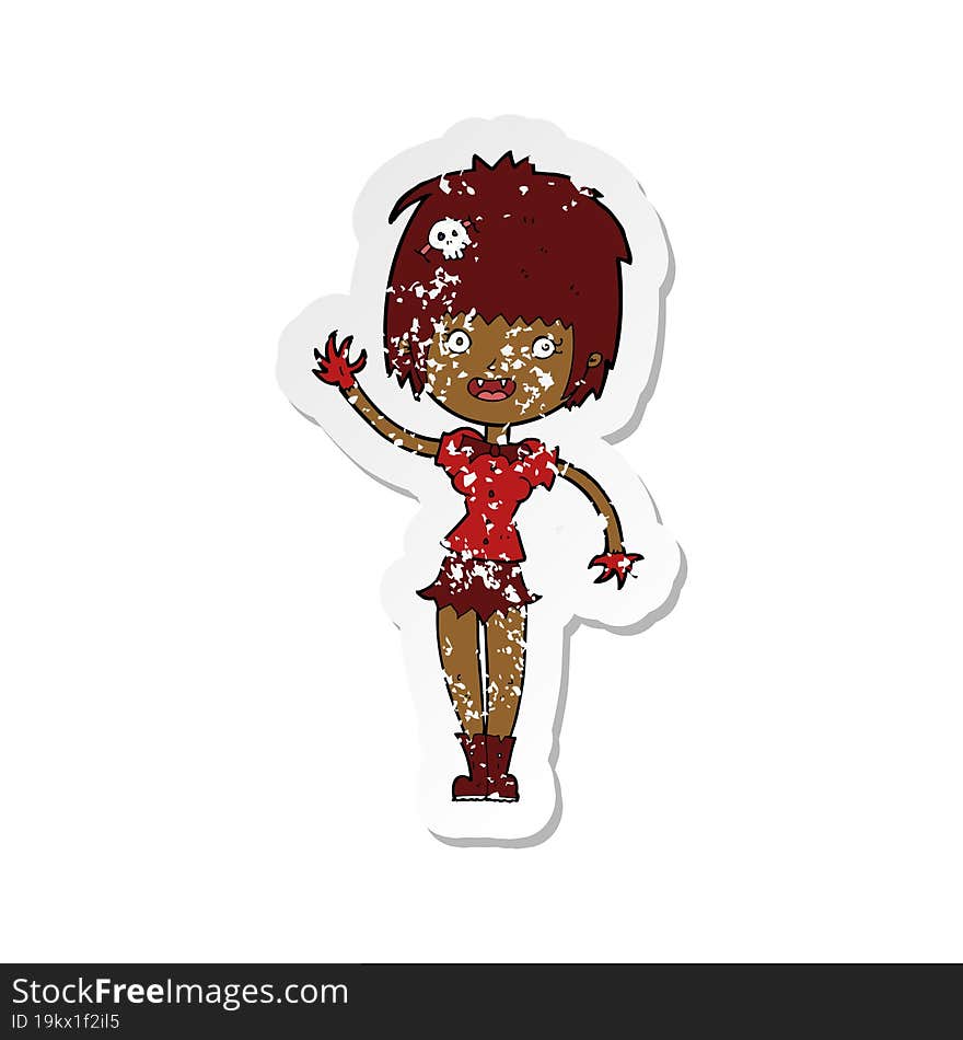 retro distressed sticker of a cartoon waving vampire girl