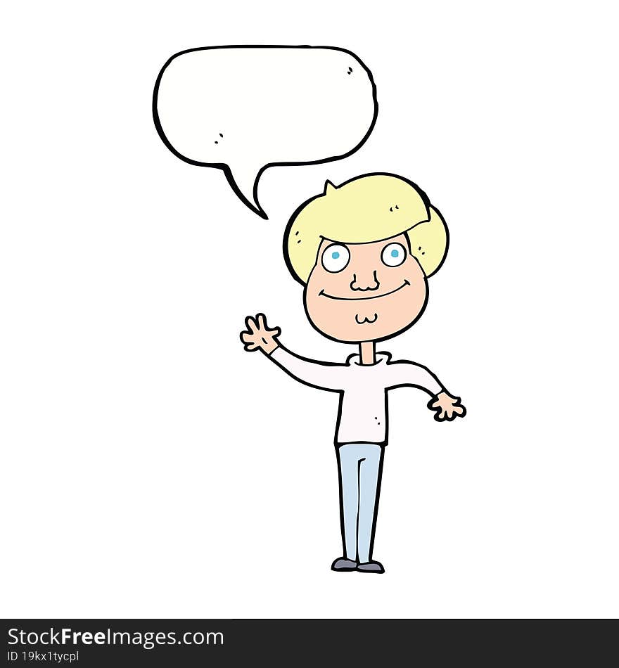 cartoon happy man waving with speech bubble