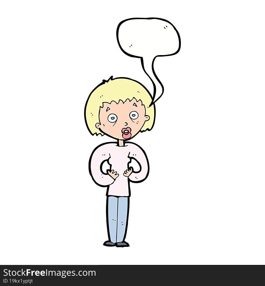 cartoon woman gesturing at self with speech bubble