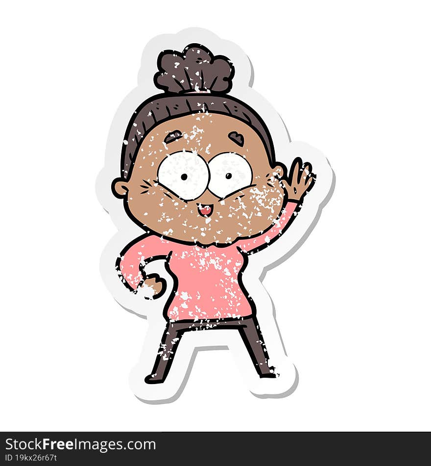 distressed sticker of a cartoon happy old woman