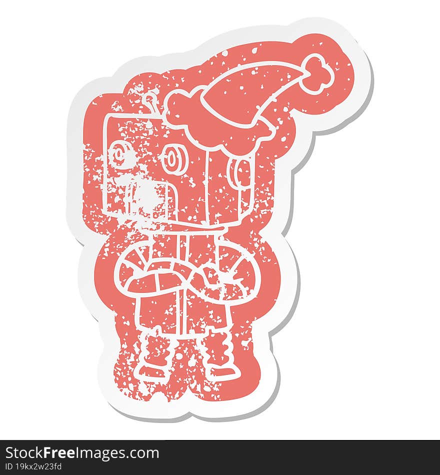 cartoon distressed sticker of a robot wearing santa hat