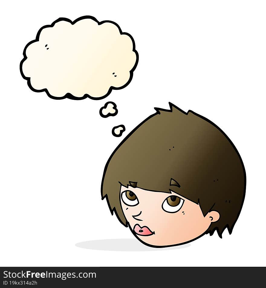 cartoon female face looking up with thought bubble