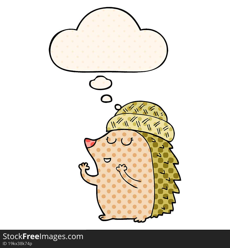 cartoon hedgehog wearing hat and thought bubble in comic book style