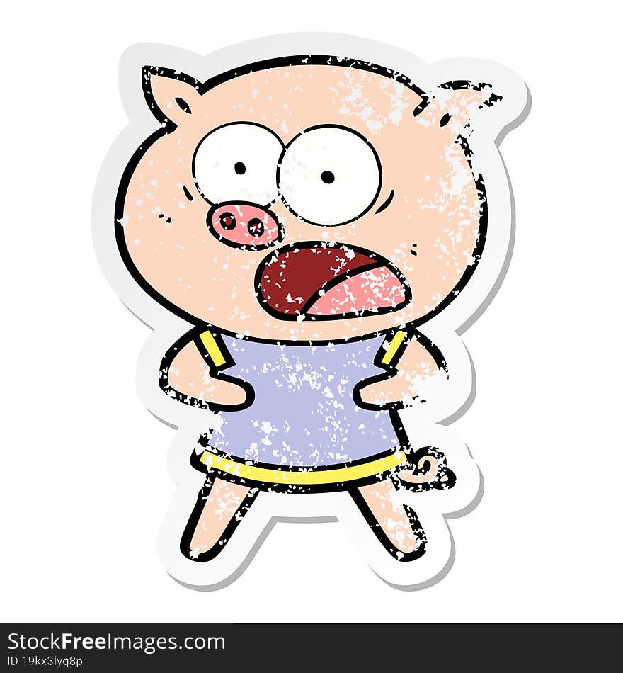 distressed sticker of a cartoon pig shouting