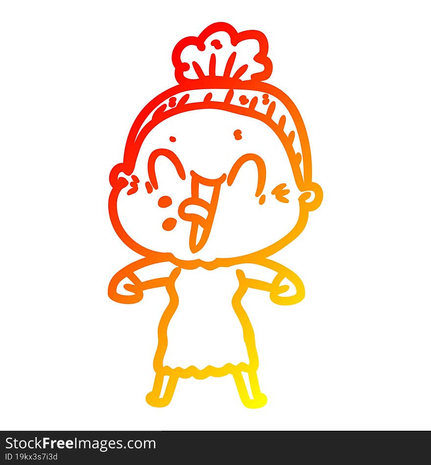 warm gradient line drawing of a cartoon happy old woman