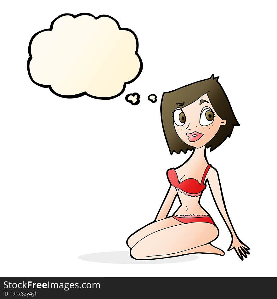 cartoon pretty woman in underwear with thought bubble