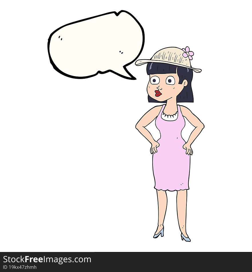 Speech Bubble Cartoon Woman Wearing Sun Hat