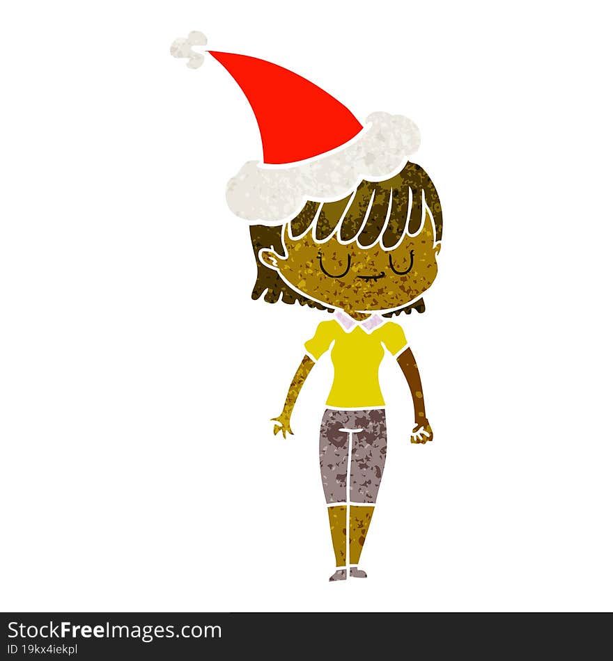 hand drawn retro cartoon of a woman wearing santa hat