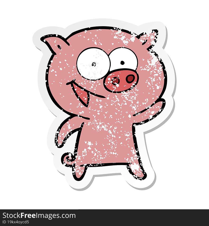 distressed sticker of a cheerful pig cartoon