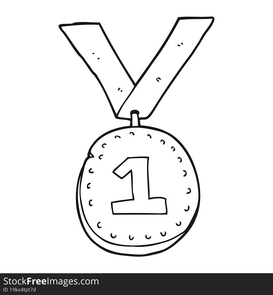 freehand drawn black and white cartoon first place medal