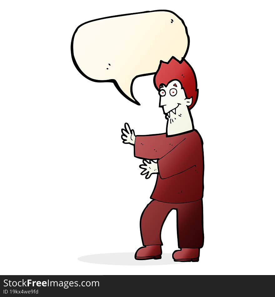 cartoon vampire waving hands with speech bubble