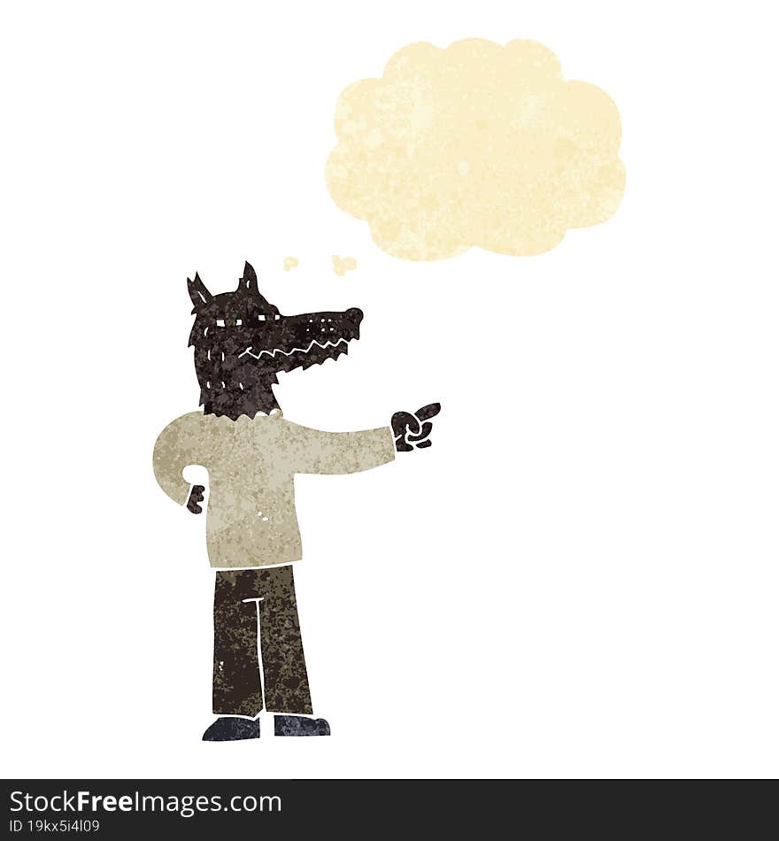 Cartoon Pointing Wolf Man With Thought Bubble