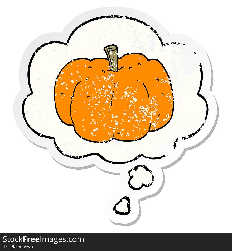 cartoon pumpkin and thought bubble as a distressed worn sticker