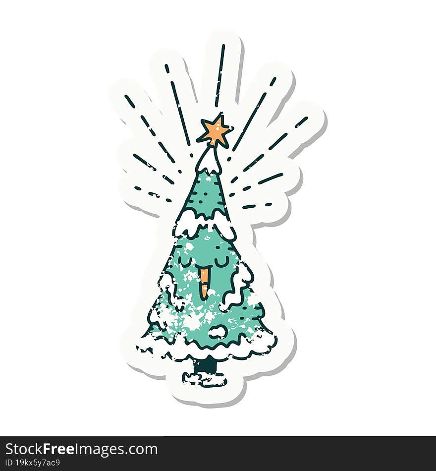 worn old sticker of a tattoo style happy christmas tree. worn old sticker of a tattoo style happy christmas tree