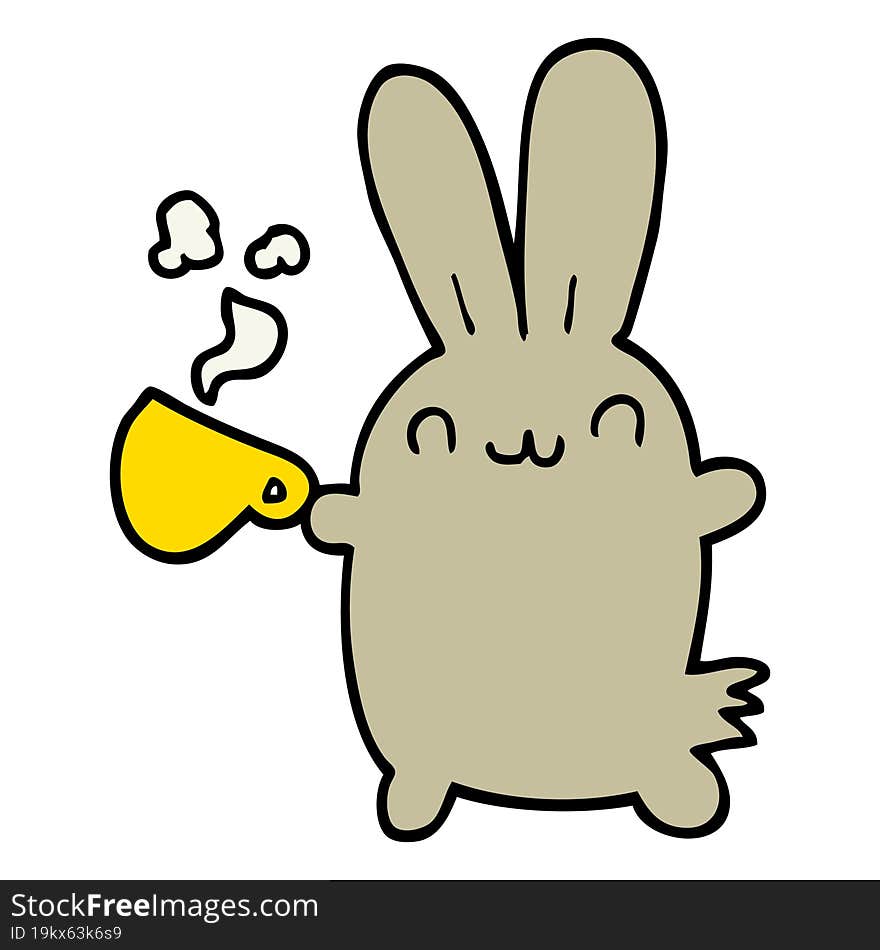 Cute Cartoon Rabbit Drinking Coffee