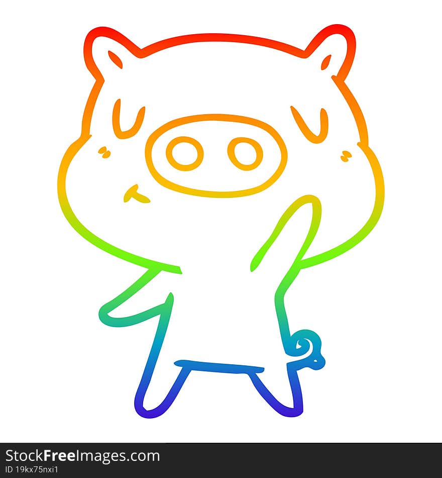 rainbow gradient line drawing of a cartoon content pig