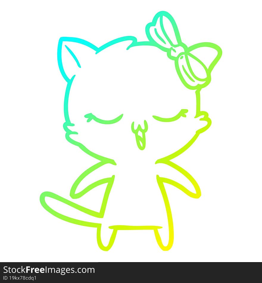 cold gradient line drawing cartoon cat with bow on head