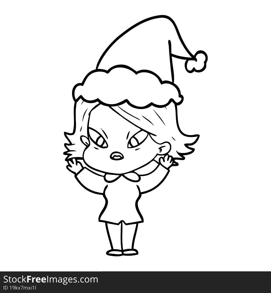 Line Drawing Of A Stressed Woman Wearing Santa Hat