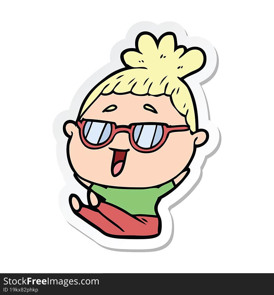 sticker of a cartoon happy woman wearing spectacles