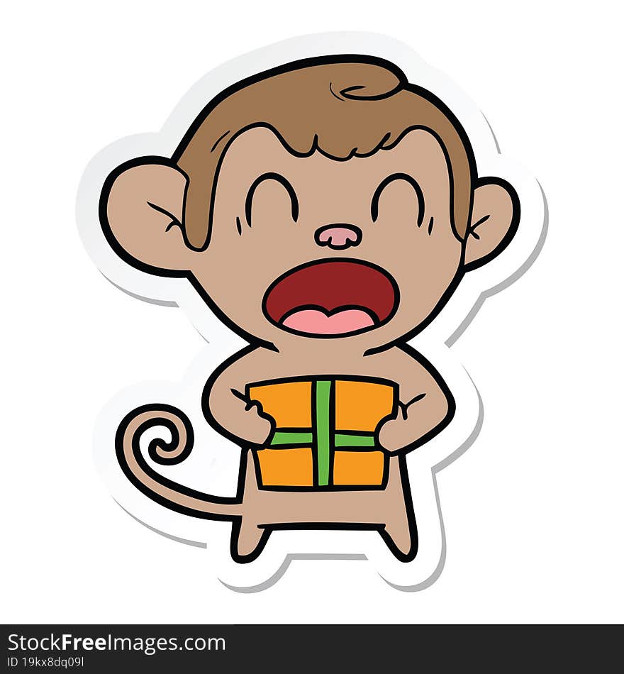 sticker of a shouting cartoon monkey carrying christmas gift