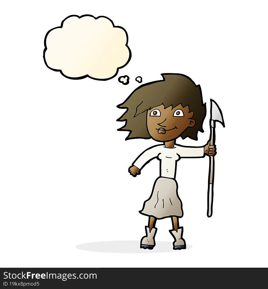 cartoon woman with spear with thought bubble